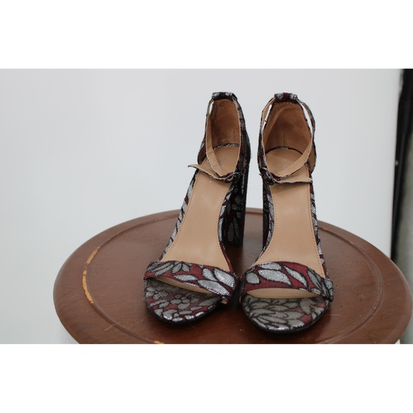 Merona Shoes Womens Size 6.5 Red Floral Strappy Block Heel Sandals Open Toe - Picture 1 of 8